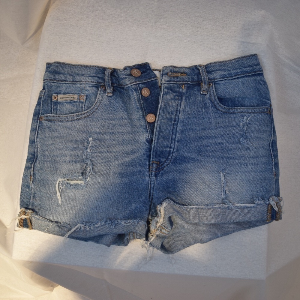 Calvin Klein Distressed Button Front Jean Shorts - image 1